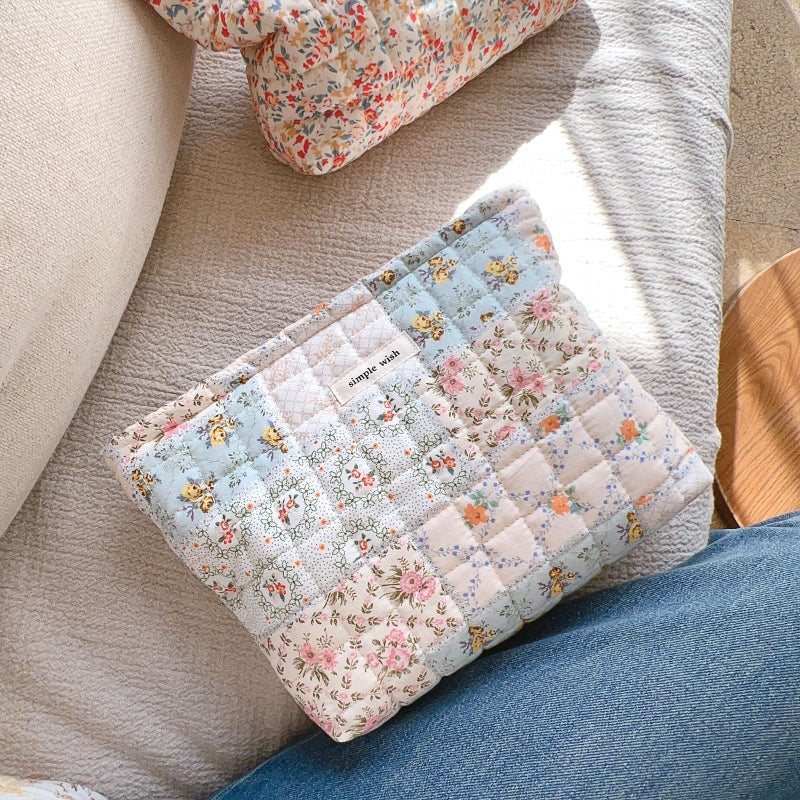 Sminra 2 Pieces Floral Makeup Bag  Cute Travel Quilted Pouch Cosmetic Bag Organizer  Small Cotton Coquette Aesthetic Purse Toiletry Bag for Women Girls accessories (Blue Flower-2PCS) - Image 5